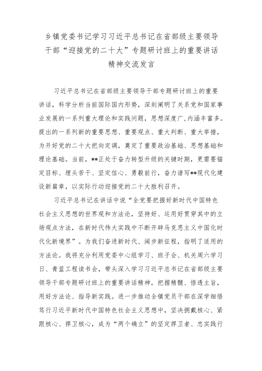 乡镇党委书记学习在省部级主要领导干部“迎接党的二十大”专题研讨班上的重要讲话精神交流发言.docx_第1页