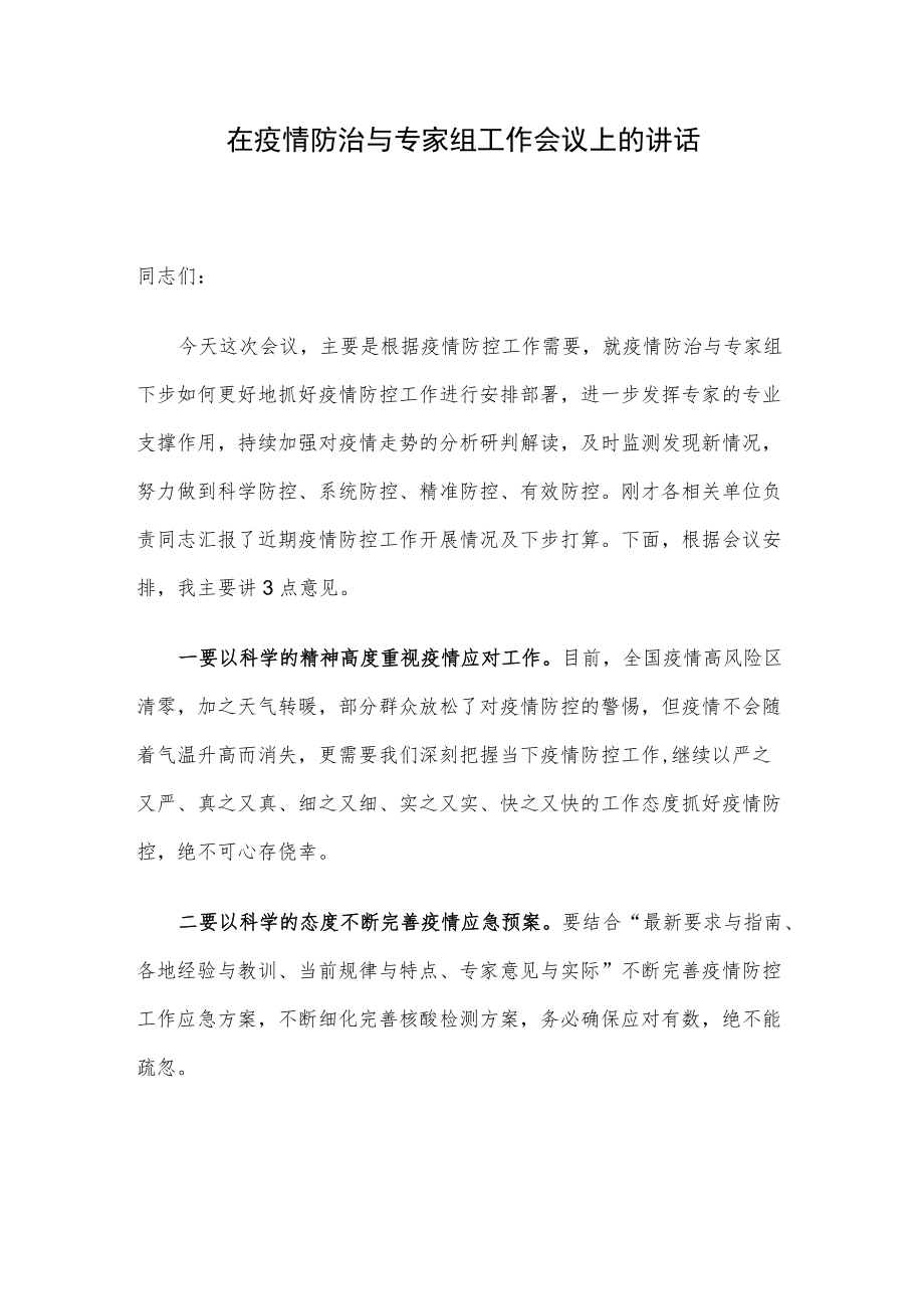 在疫情防治与专家组工作会议上的讲话.docx_第1页