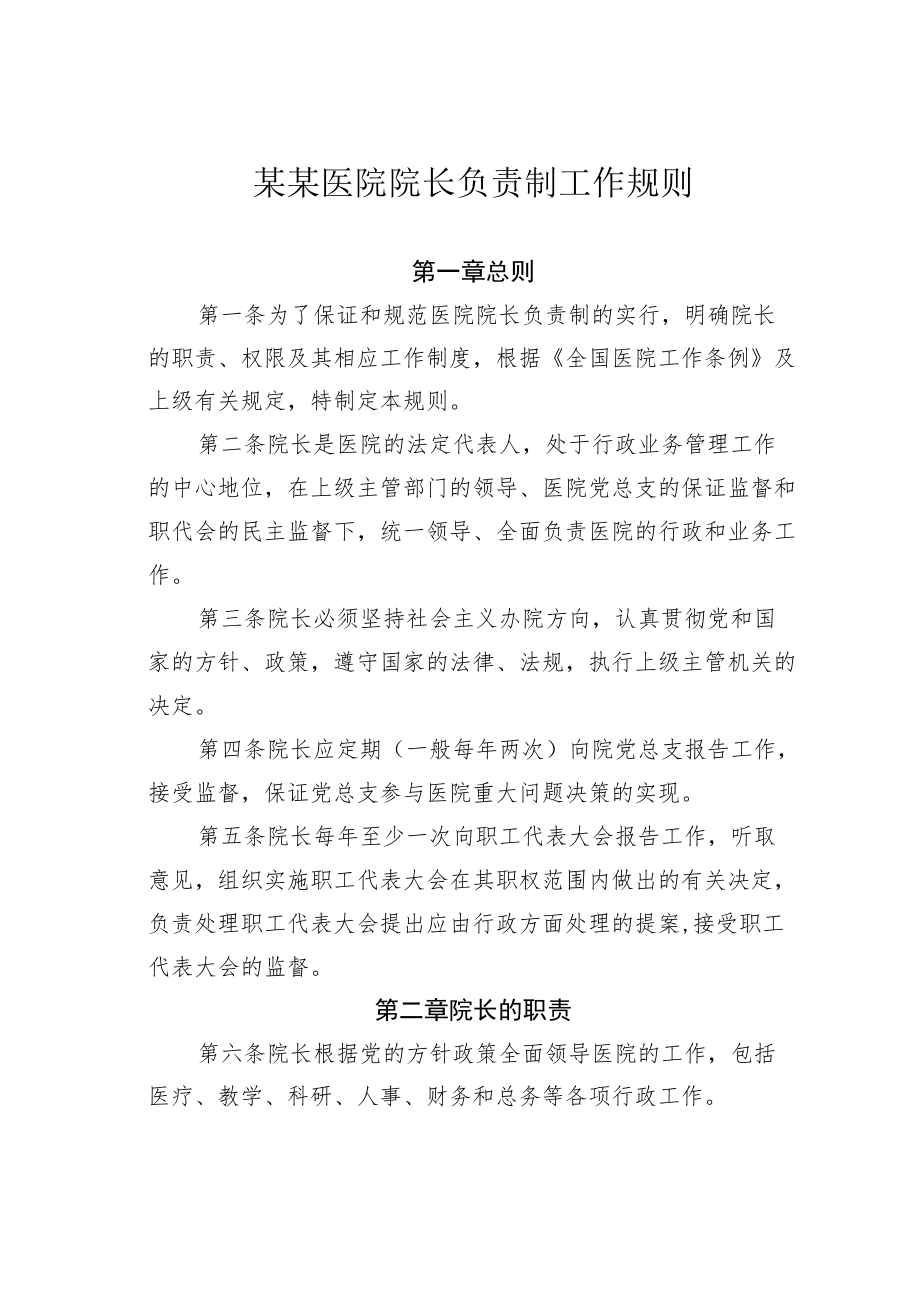 某某医院院长负责制工作规则.docx_第1页