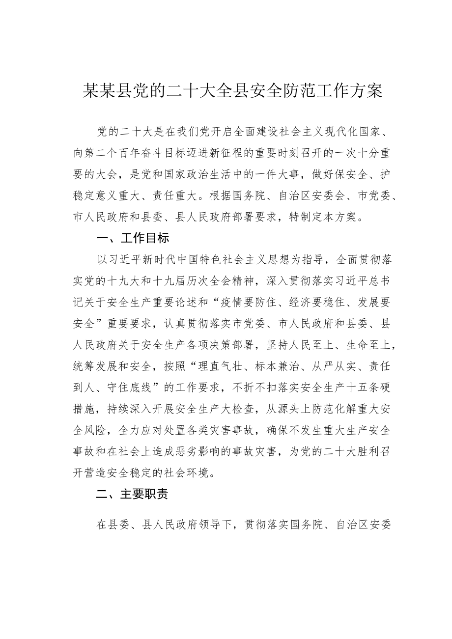 某某县党的二十大全县安全防范工作方案.docx_第1页