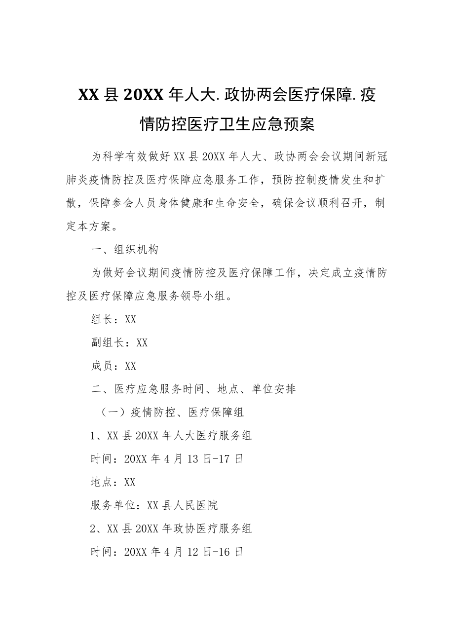 XX县2021人大、政协两会医疗保障、疫情防控医疗卫生应急预案.docx_第1页