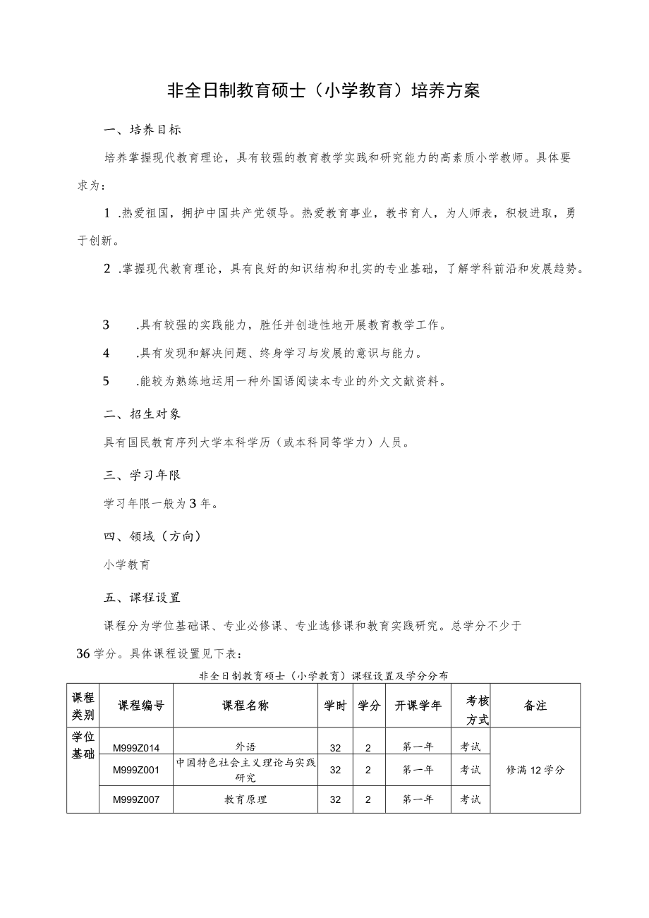 非全日制教育硕士（小学教育）培养方案.docx_第1页