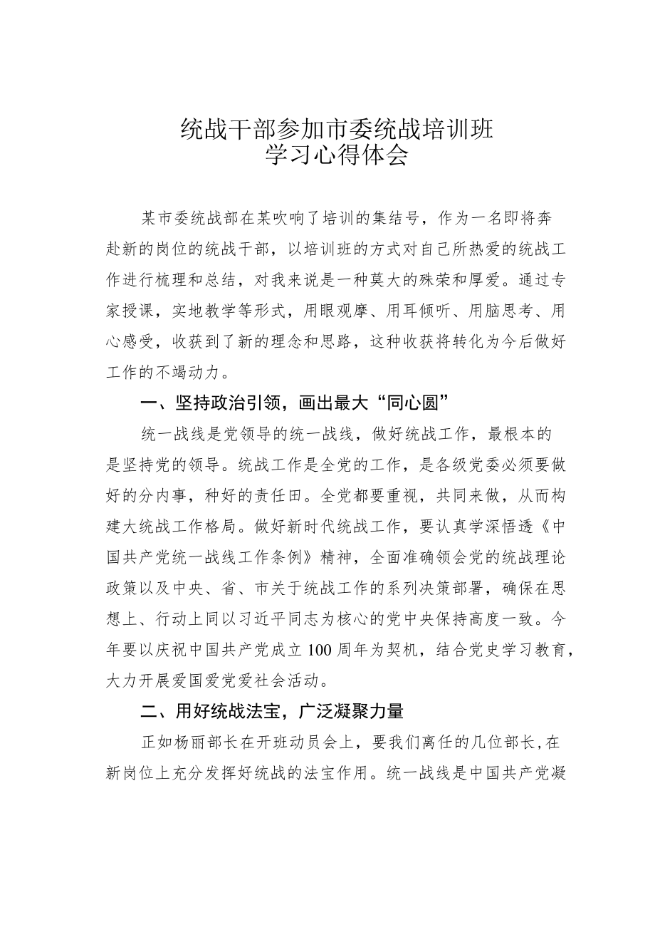 统战干部参加市委统战培训班学习心得体会.docx_第1页