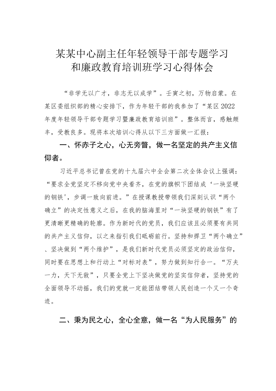 某某中心副主任轻领导干部专题学习和廉政教育培训班学习心得体会.docx_第1页