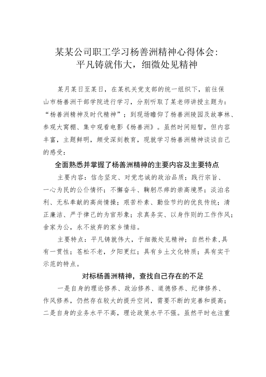 某某公司职工学习杨善洲精神心得体会：平凡铸就伟大细微处见精神.docx_第1页