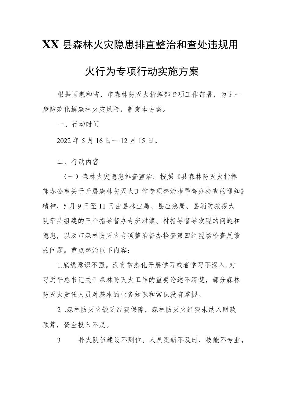 XX县森林火灾隐患排查整治和查处违规用火行为专项行动实施方案.docx_第1页