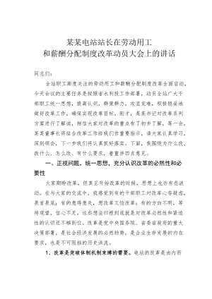 某某电站站长在劳动用工和薪酬分配制度改革动员大会上的讲话(1).docx