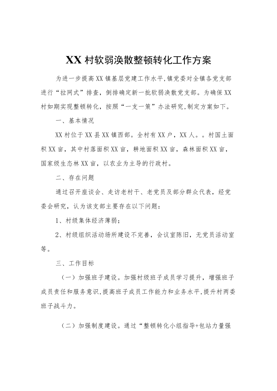 XX村软弱涣散整顿转化工作方案.docx_第1页