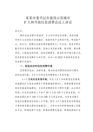 某某市委书记在建设示范城市扩大和升级信息消费会议上讲话.docx