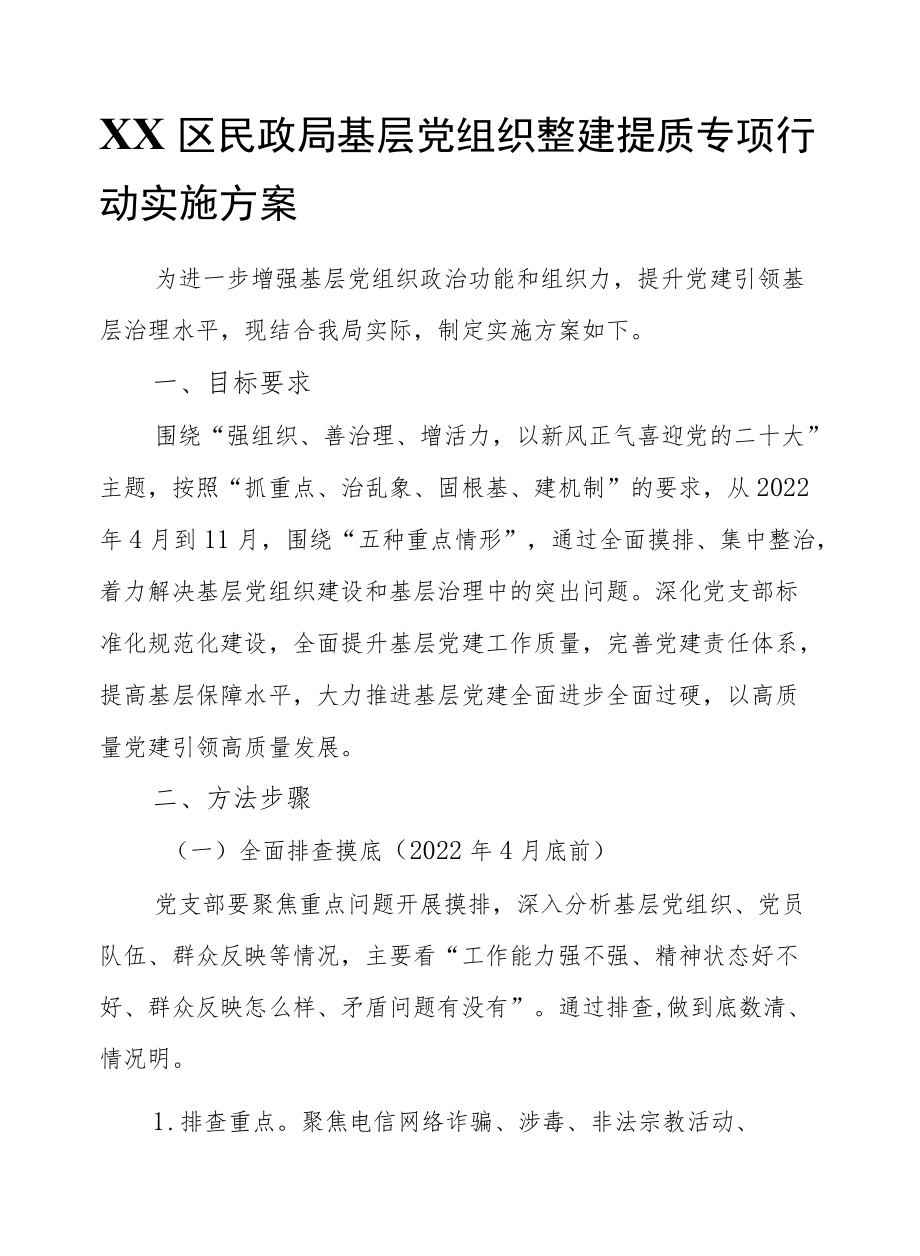 XX区民政局基层党组织整建提质专项行动实施方案.docx_第1页