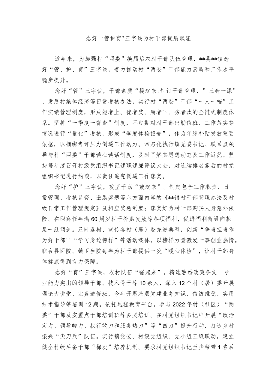 【经验总结】念好“管护育”三字诀 为村干部提质赋能.docx_第1页