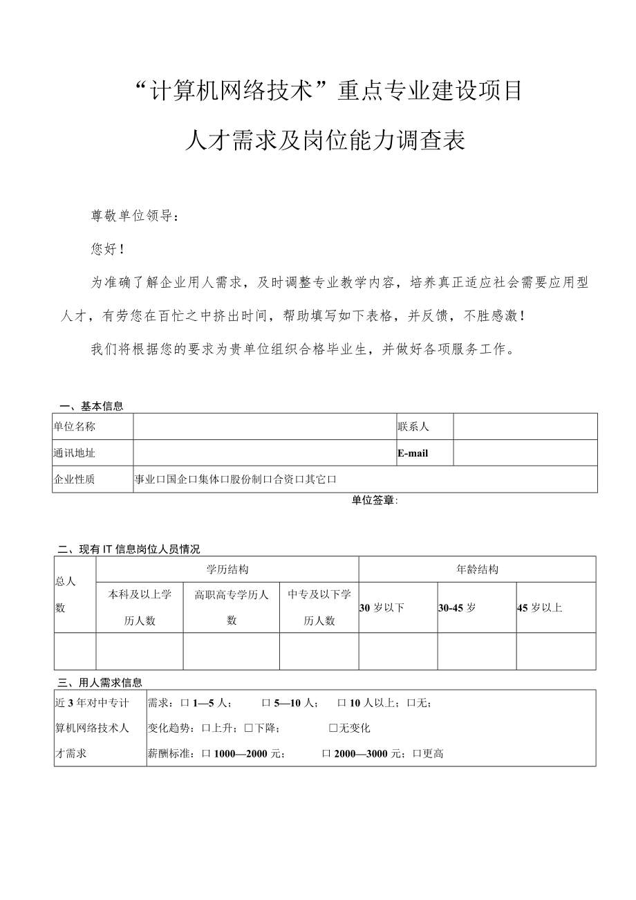 计算机网络技术专业人才需求及职业岗位能力调查表.docx_第1页