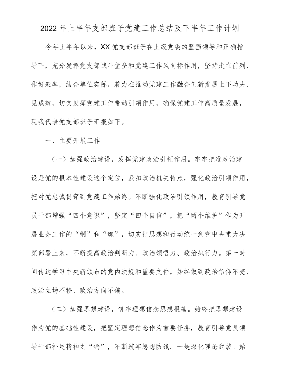 2022上半支部班子党建工作总结及下半工作计划(1).docx_第1页