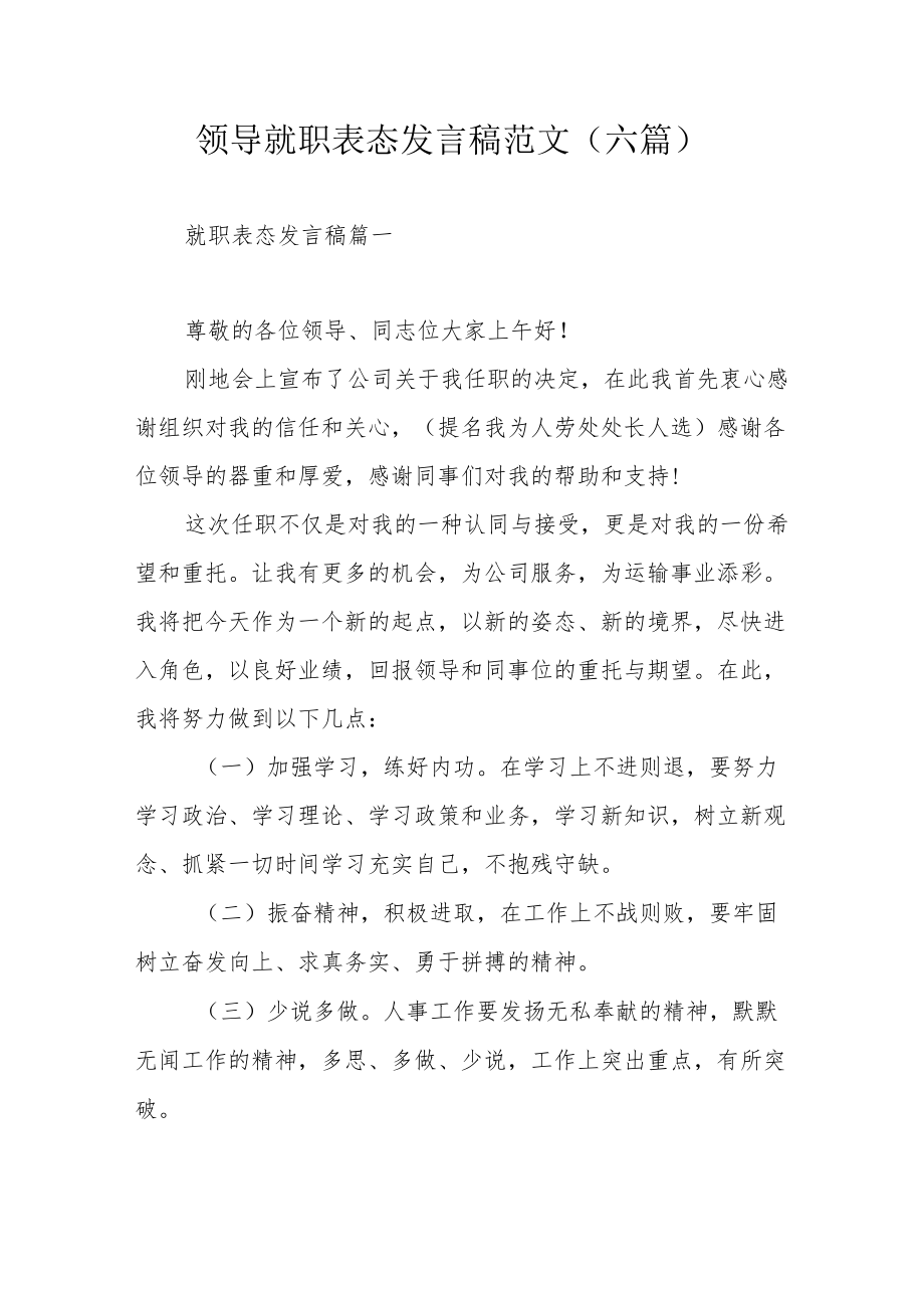 领导就职表态发言稿范文（六篇）.docx_第1页