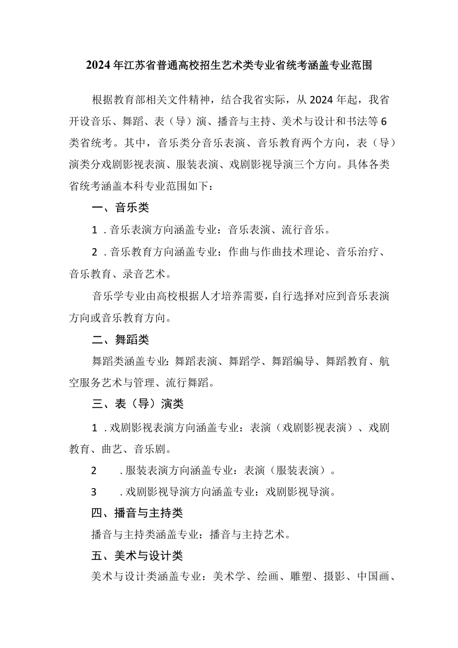 2024年江苏省普通高校招生艺术类专业省统考涵盖专业范围.docx_第1页