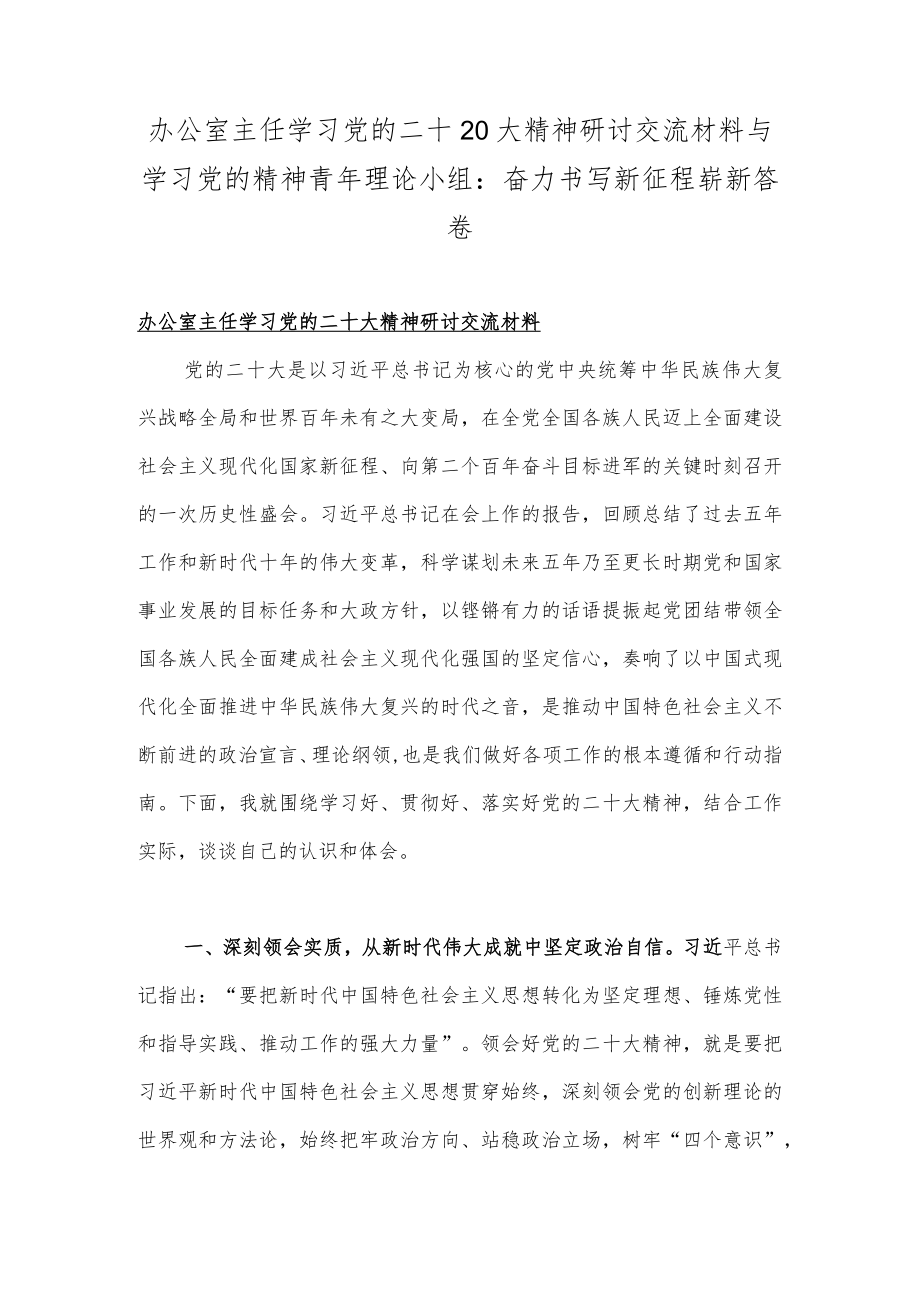 办公室主任学习党的二十20大精神研讨交流材料与学习党的精神青年理论小组：奋力书写新征程崭新答卷.docx_第1页