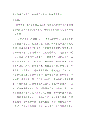 市委书记在春节前干部大会上的廉政提醒讲话.docx