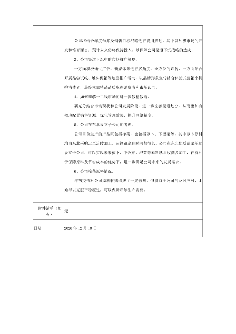 重庆市涪陵榨菜集团股份有限公司2020年12月10日投资者关系活动记录表.docx_第2页