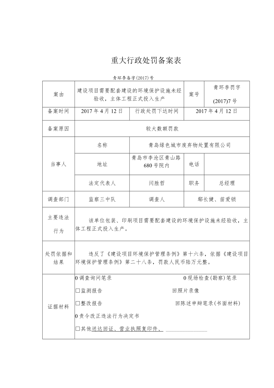 青岛市环境保护局李沧分局重大行政处罚备案表.docx_第1页