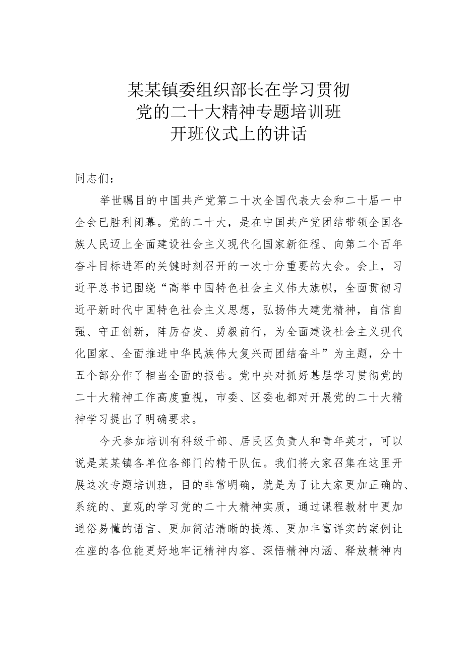 某某镇委组织部长在学习贯彻党的二十大精神专题培训班开班仪式上的讲话.docx_第1页