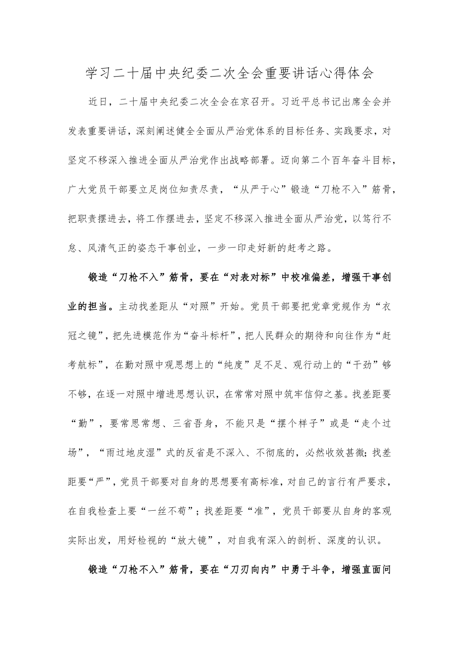 学习二十届中央纪委二次全会重要讲话心得体会.docx_第1页