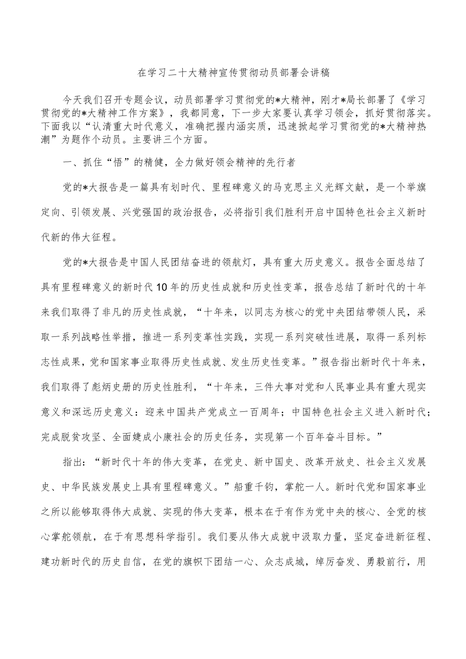 在学习二十大精神宣传贯彻动员部署会讲稿.docx_第1页