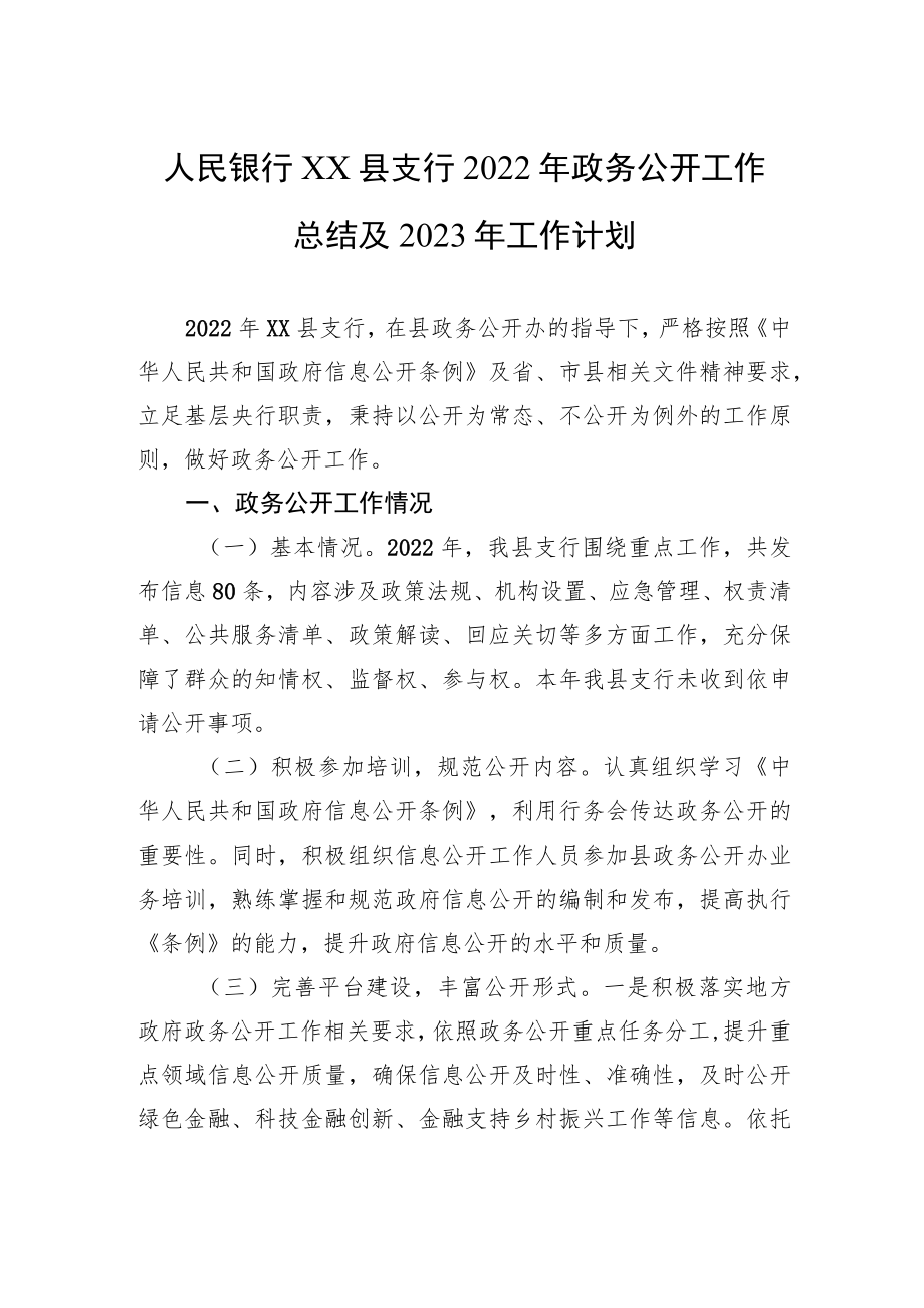 人民银行XX县支行2022年政务公开工作总结及2023年工作计划.docx_第1页