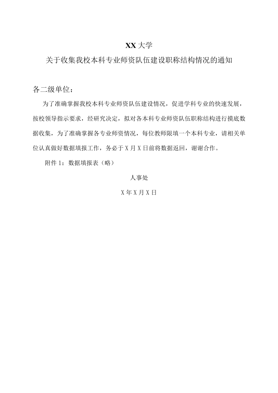 XX大学关于收集我校本科专业师资队伍建设职称结构情况的通知.docx_第1页