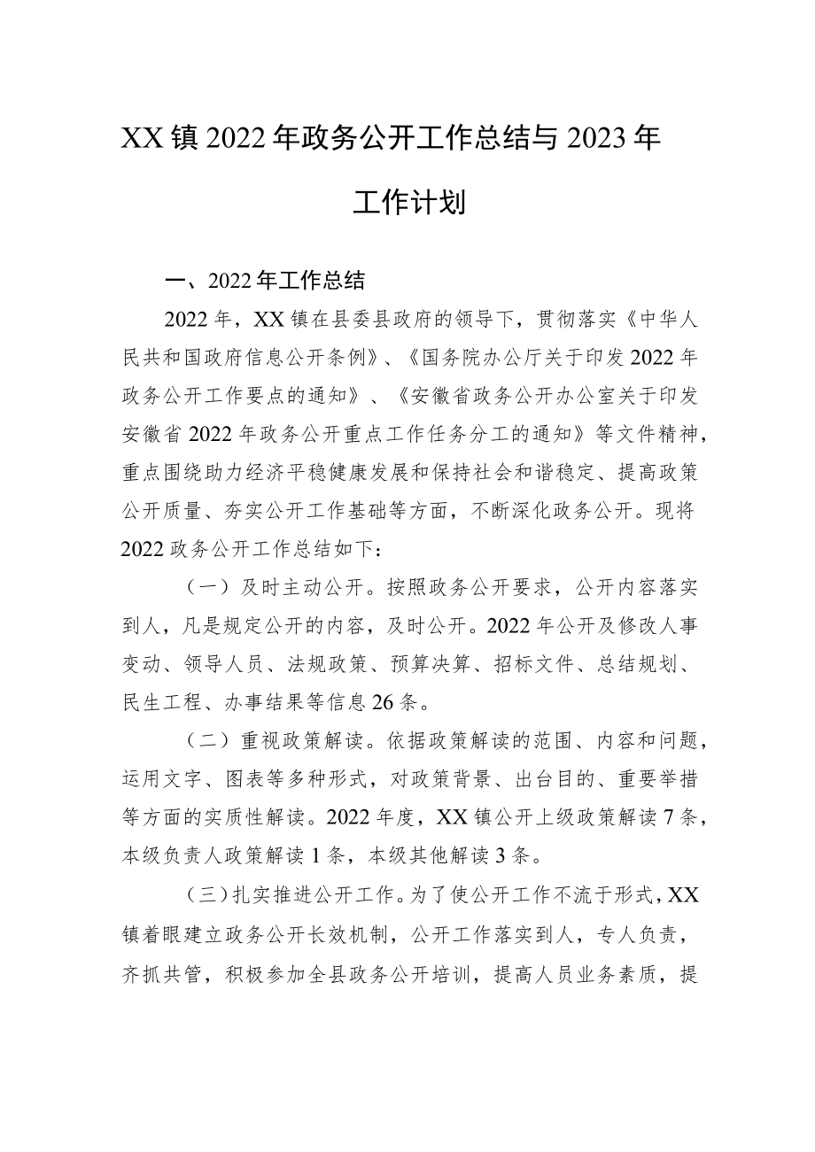 XX镇2022年政务公开工作总结与2023年工作计划.docx_第1页