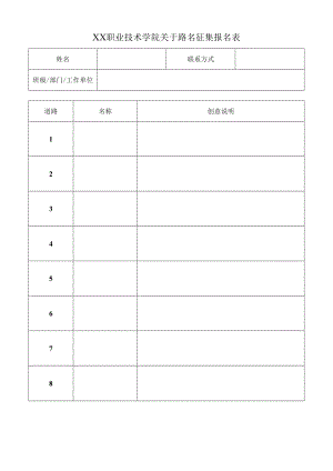 XX职业技术学院关于路名征集报名表.docx