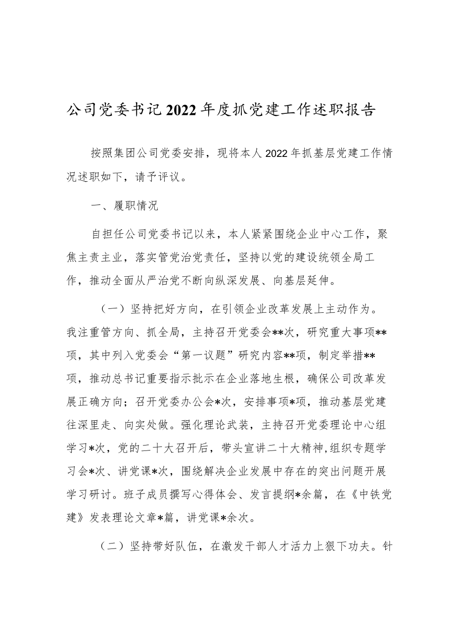 公司党委书记2022年度抓党建工作述职报告.docx_第1页