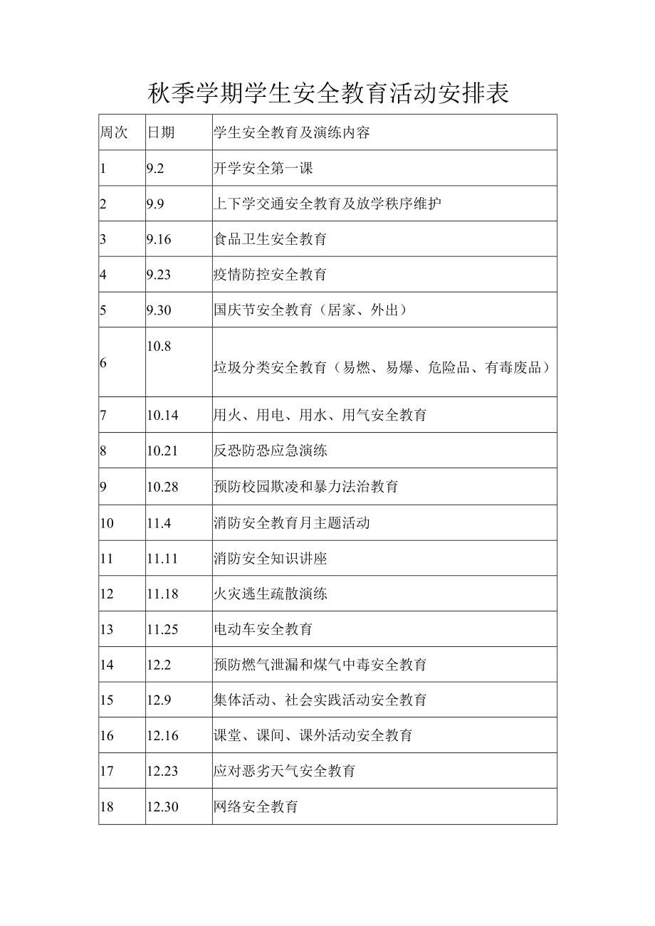 秋季学期学生安全教育活动安排表.docx_第1页