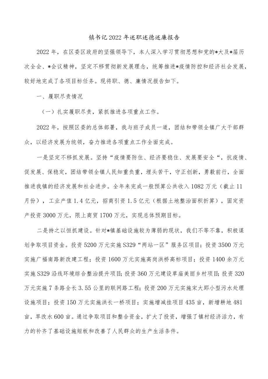 镇书记2022年述职述德述廉报告.docx_第1页