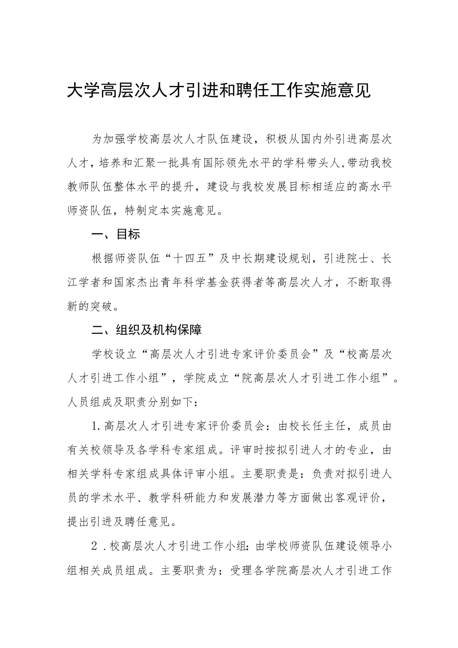 大学高层次人才引进和聘任工作实施意见.docx_第1页