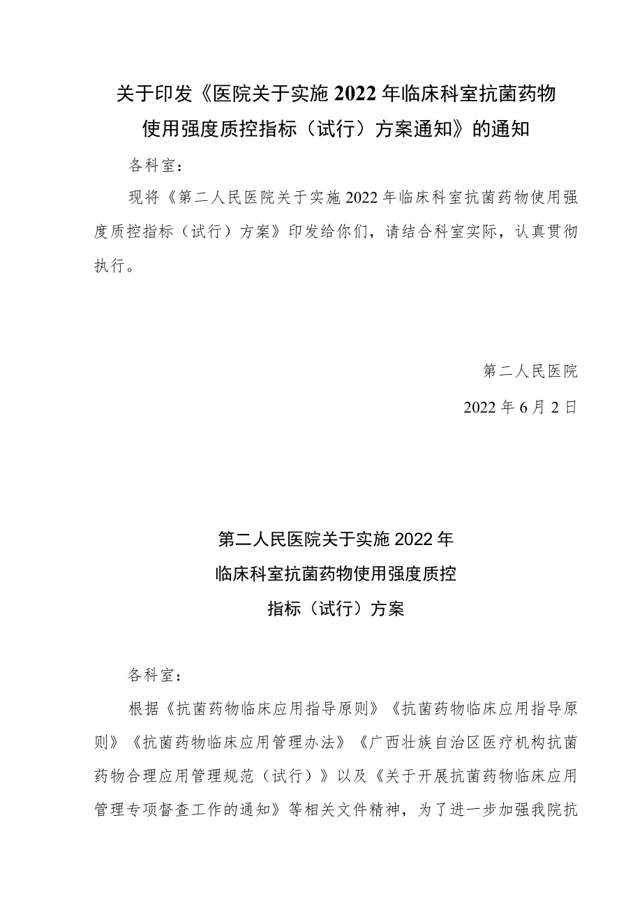 关于印发《医院关于实施2022年临床科室抗菌药物使用强度质控指标（试行）方案通知》的通知.docx_第1页