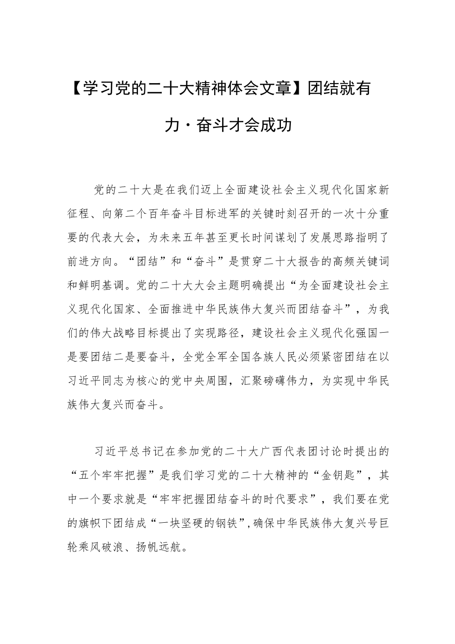 【学习党的二十大精神体会文章】团结就有力量 奋斗才会成功.docx_第1页