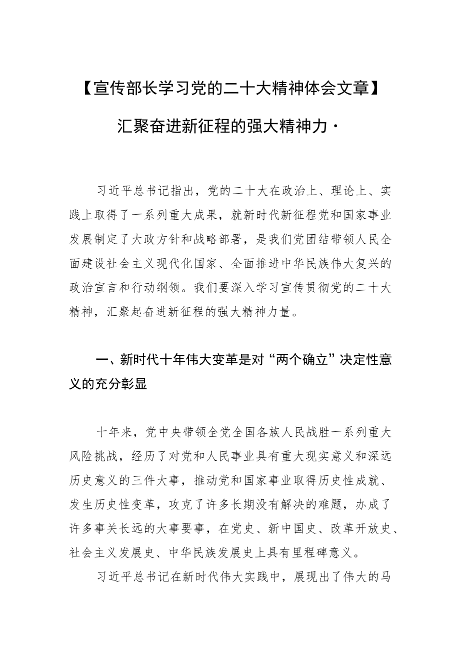 【宣传部长学习党的二十大精神体会文章】汇聚奋进新征程的强大精神力量.docx_第1页