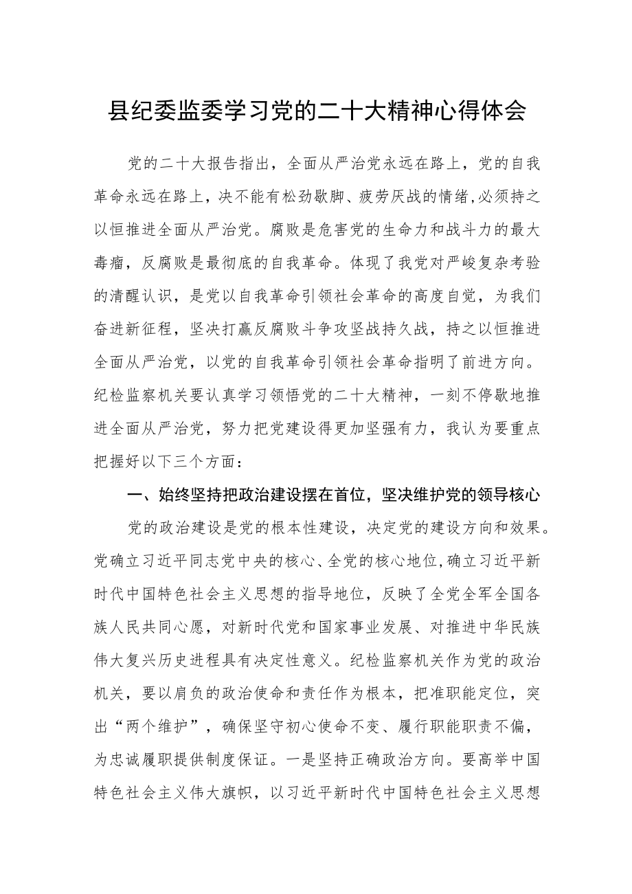 县纪委监委学习党的二十大精神心得体会.docx_第1页