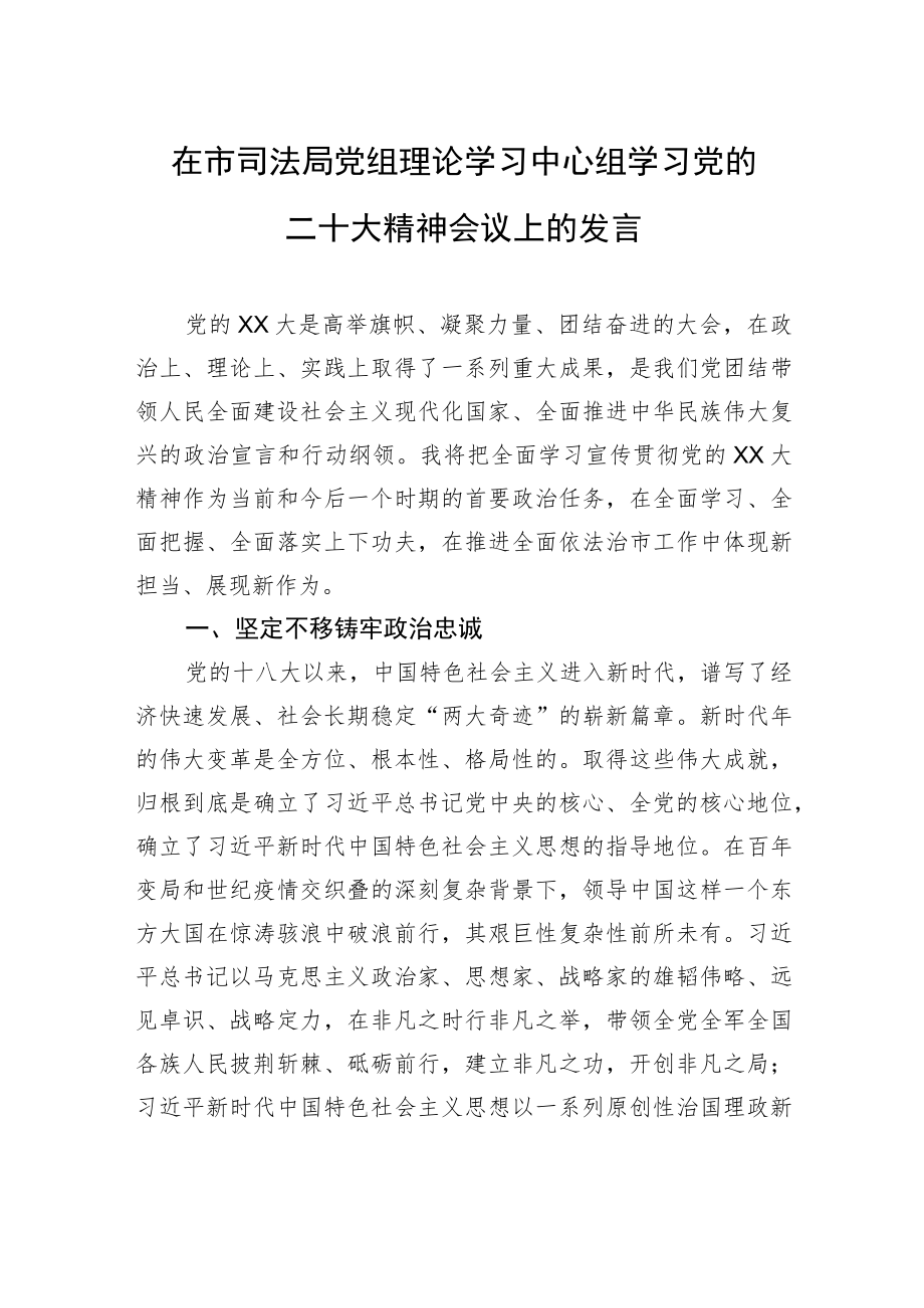 在市司法局党组理论学习中心组学习党的二十大精神会议上的发言.docx_第1页