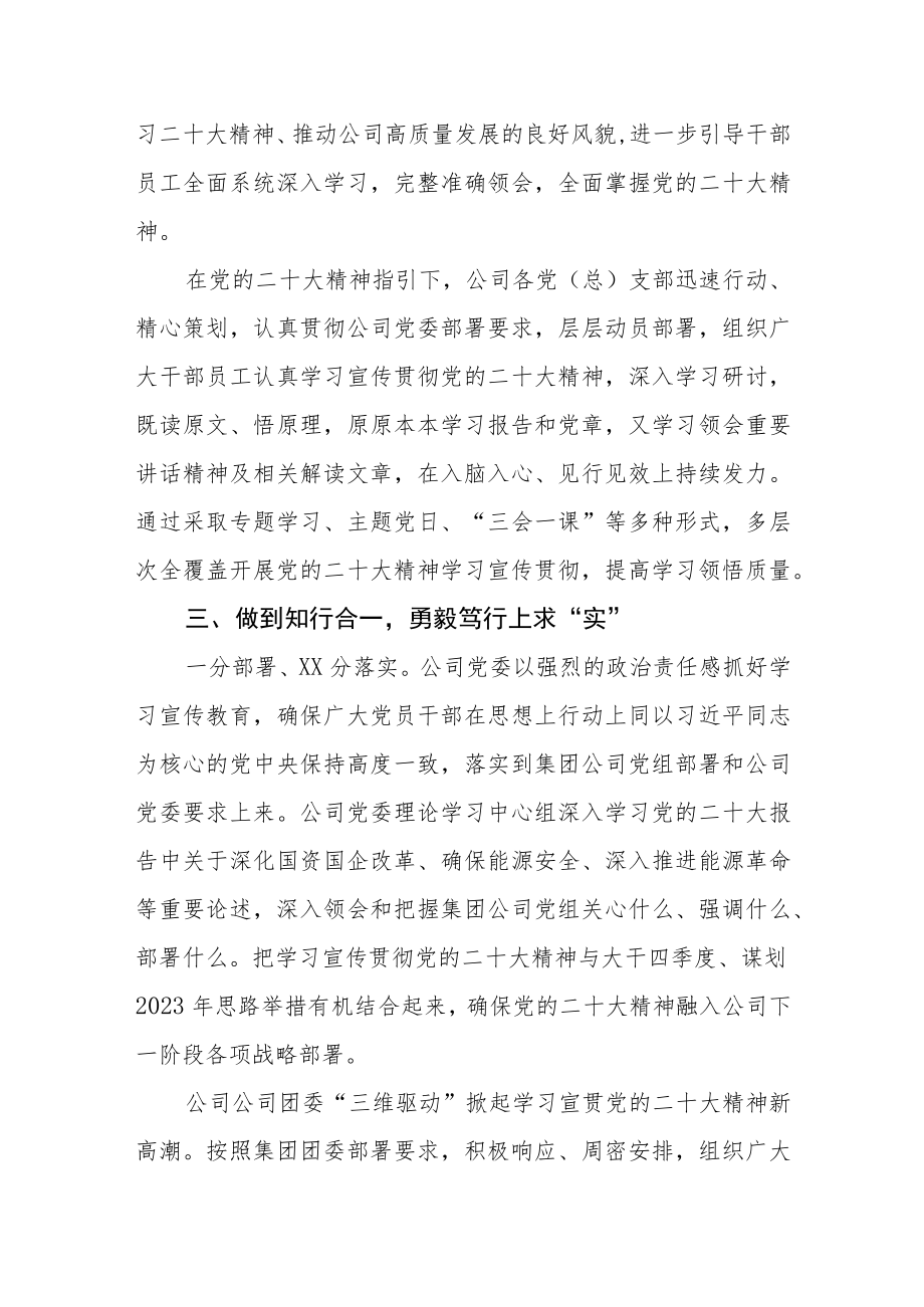 （3篇）公司学习宣传贯彻二十大精神情况总结汇报.docx_第3页