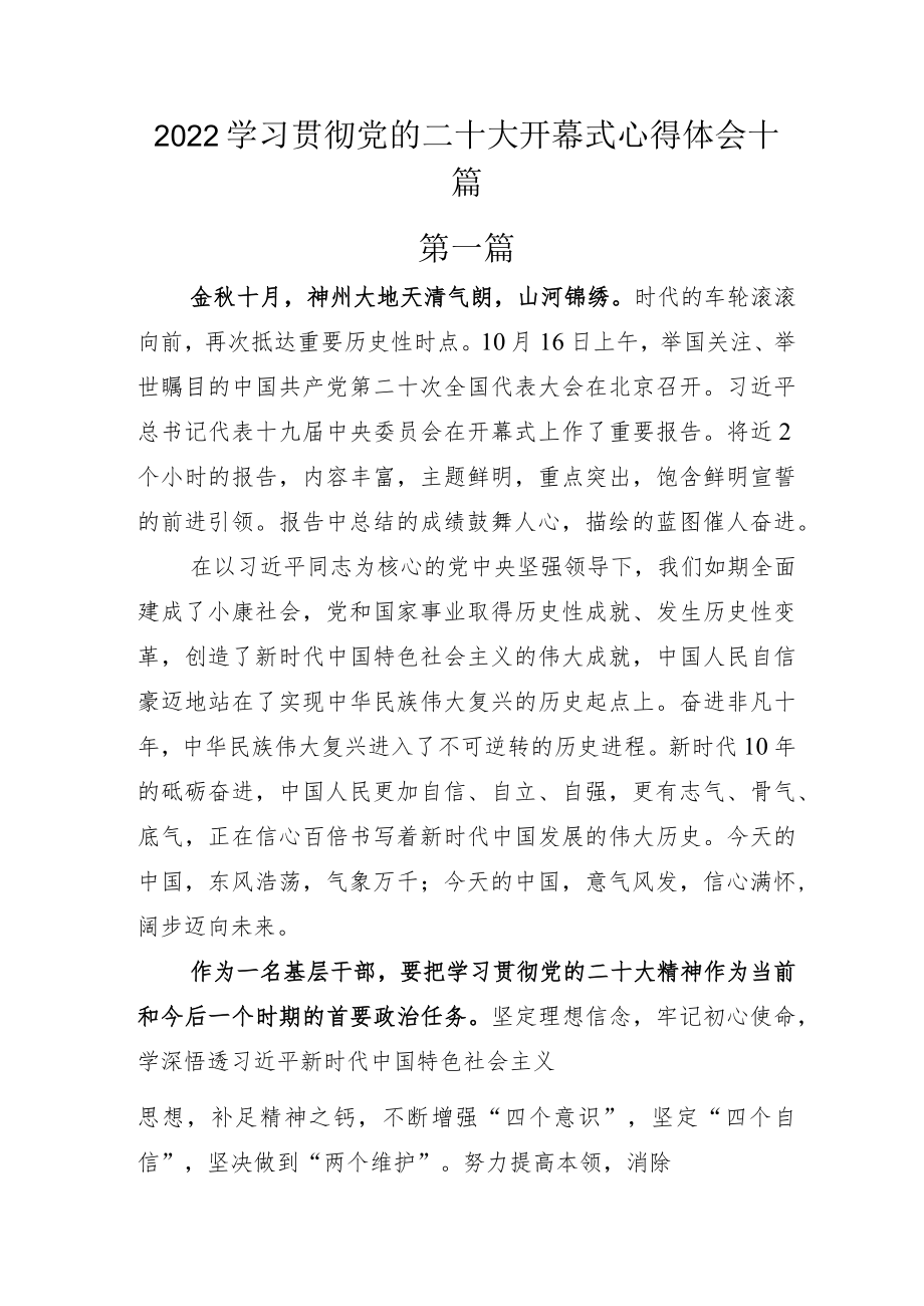 2022学习贯彻党的二十大开幕式心得体会十篇.docx_第1页