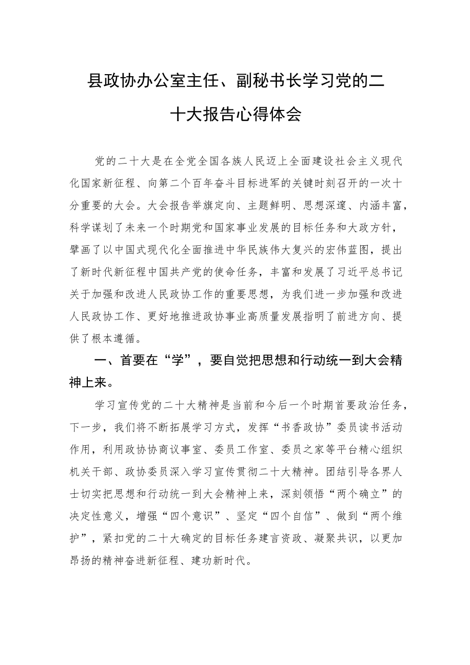 县政协办公室主任、副秘书长学习党的二十大报告心得体会（20221028）.docx_第1页