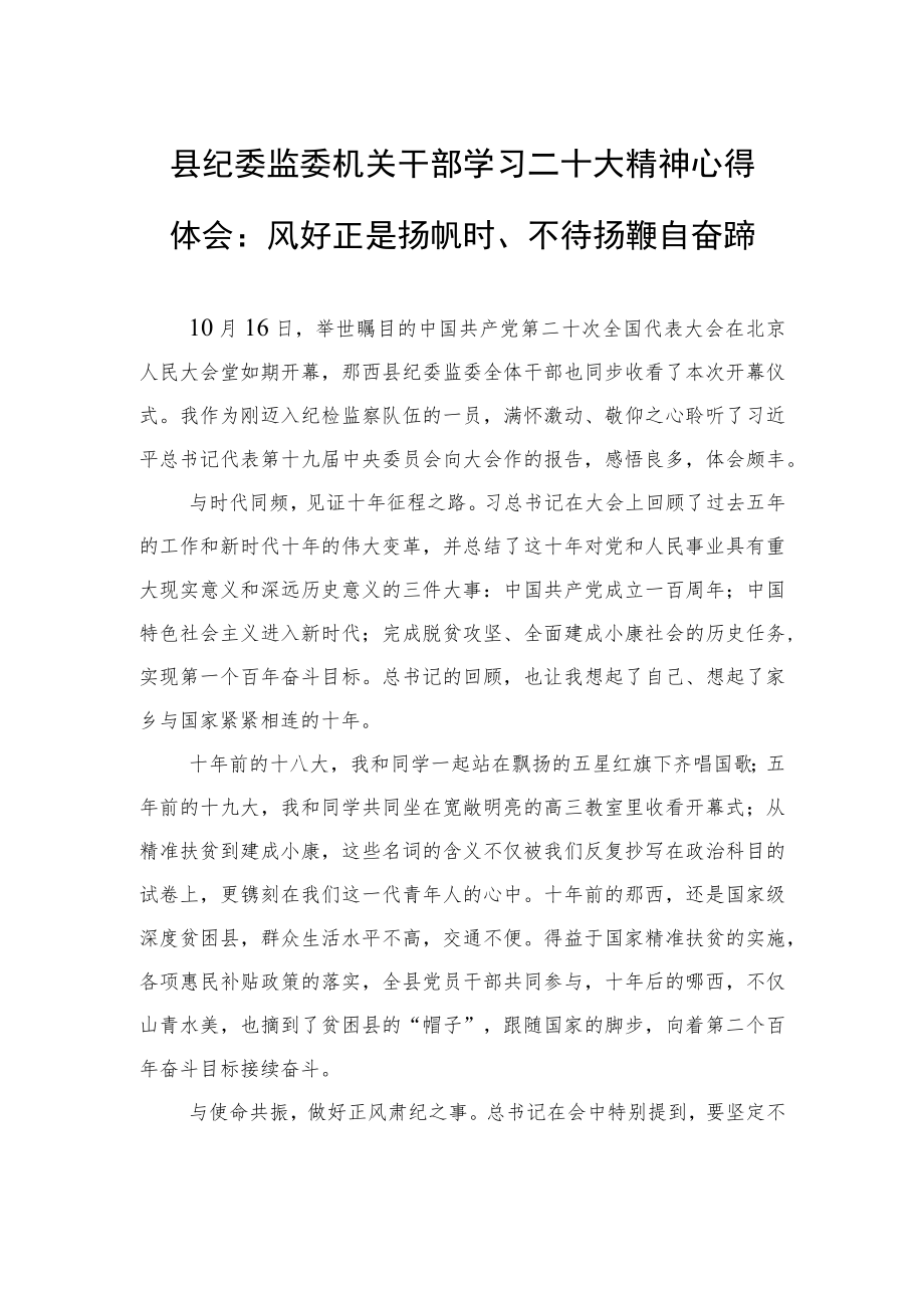 县纪委监委机关干部学习二十大精神心得体会：风好正是扬帆时、不待扬鞭自奋蹄（20221019）.docx_第1页