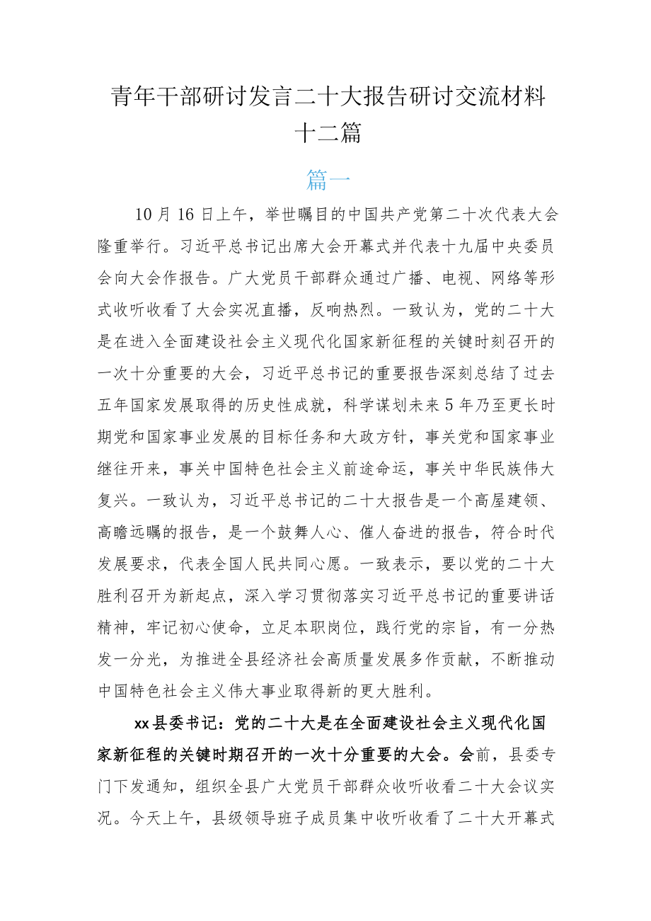 青年干部研讨发言二十大报告研讨交流材料十二篇.docx_第1页