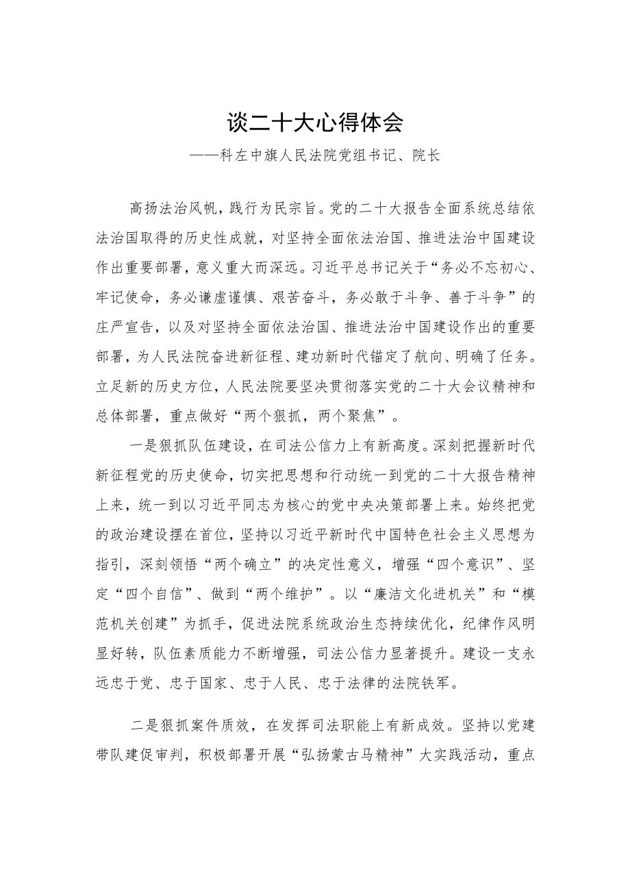 科左中旗人民法院党组书记、院长谈二十大心得体会（20221101）.docx_第1页