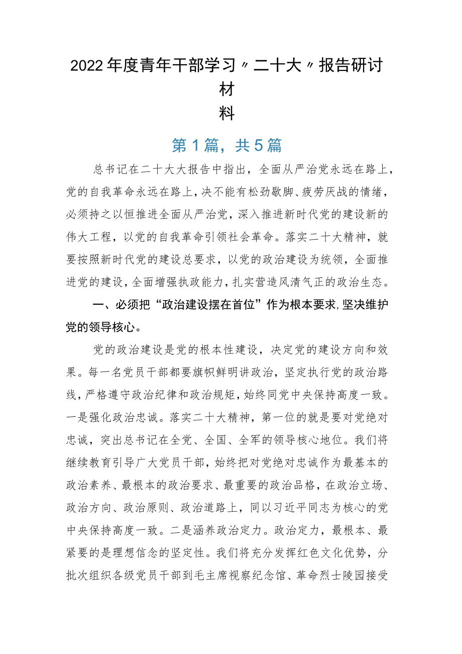 2022年度青年干部学习“二十大”报告研讨材料.docx_第1页