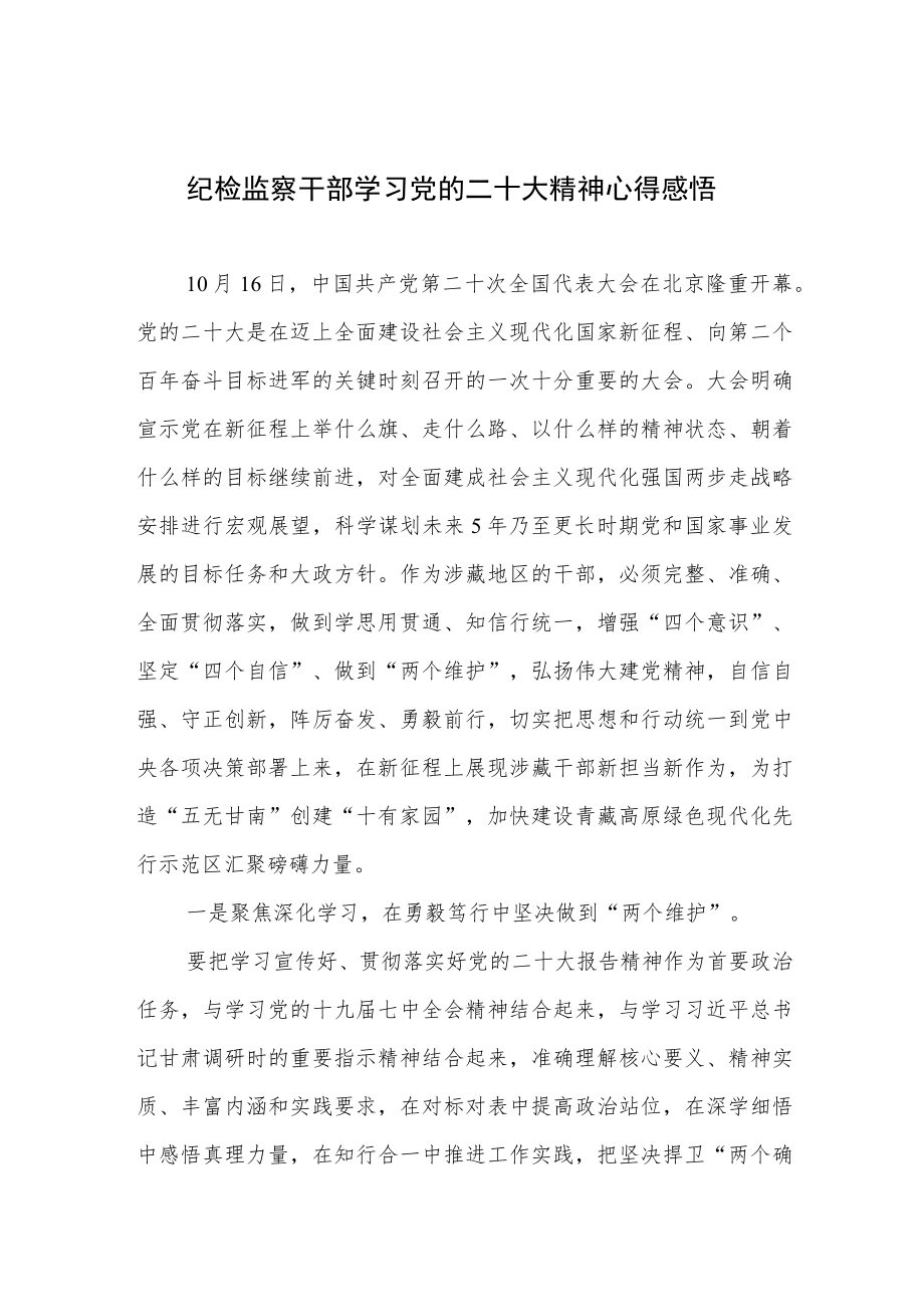 纪检监察干部学习党的二十大精神心得感悟.docx_第1页