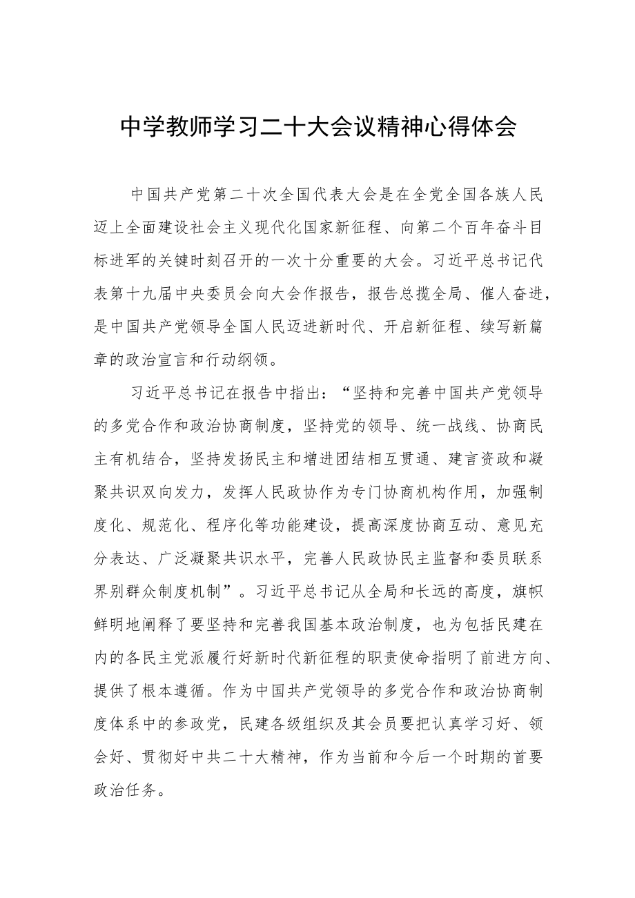 (精品)中学教师学习二十大会议精神心得体会.docx_第1页