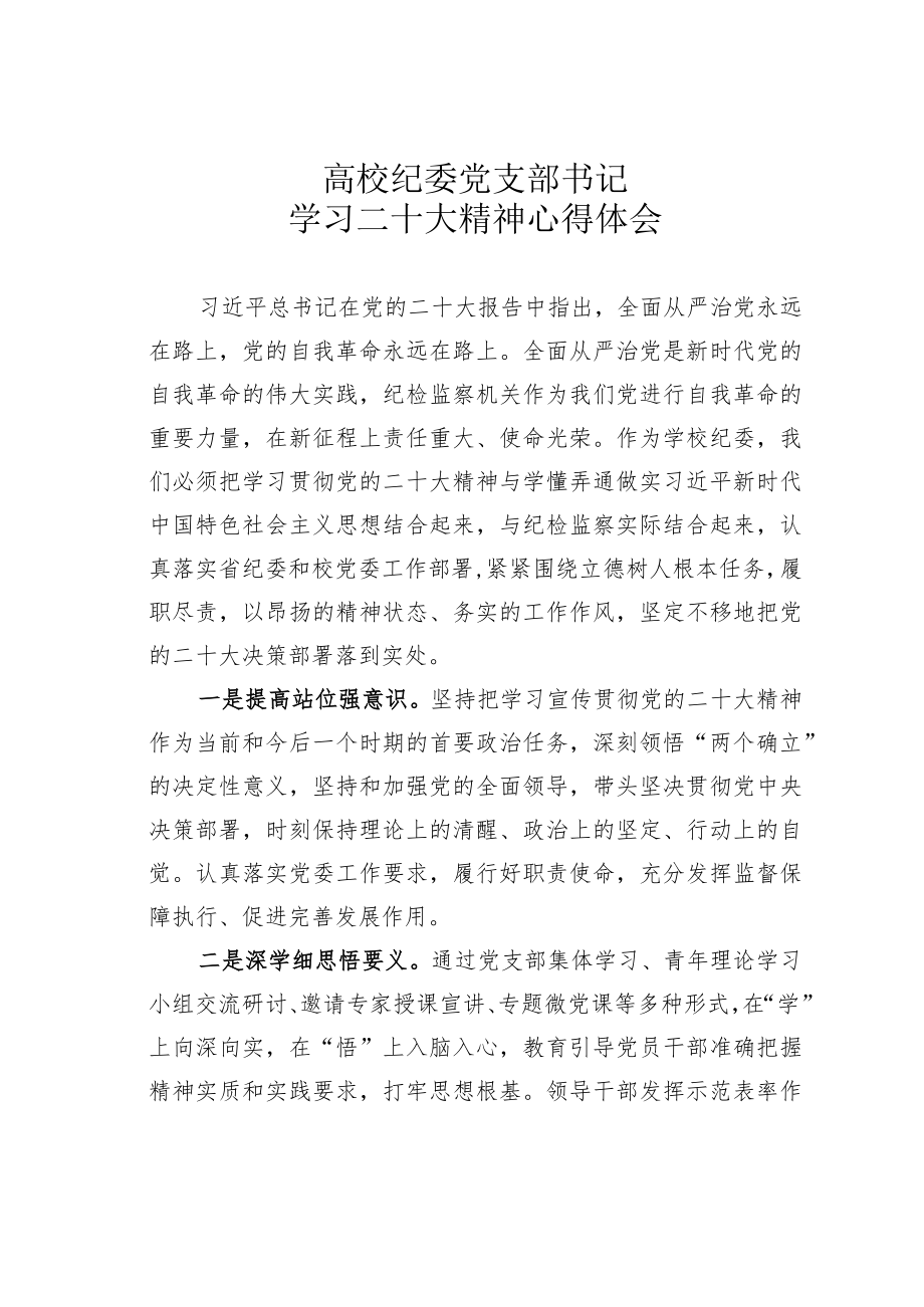 高校纪委党支部书记学习二十大精神心得体会.docx_第1页