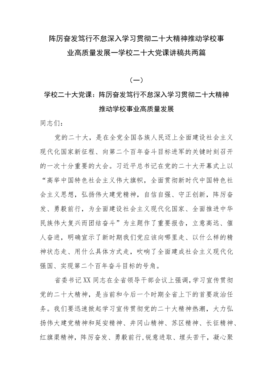 踔厉奋发笃行不怠深入学习贯彻二十大精神 推动学校事业高质量发展——学校二十大党课讲稿共两篇.docx_第1页